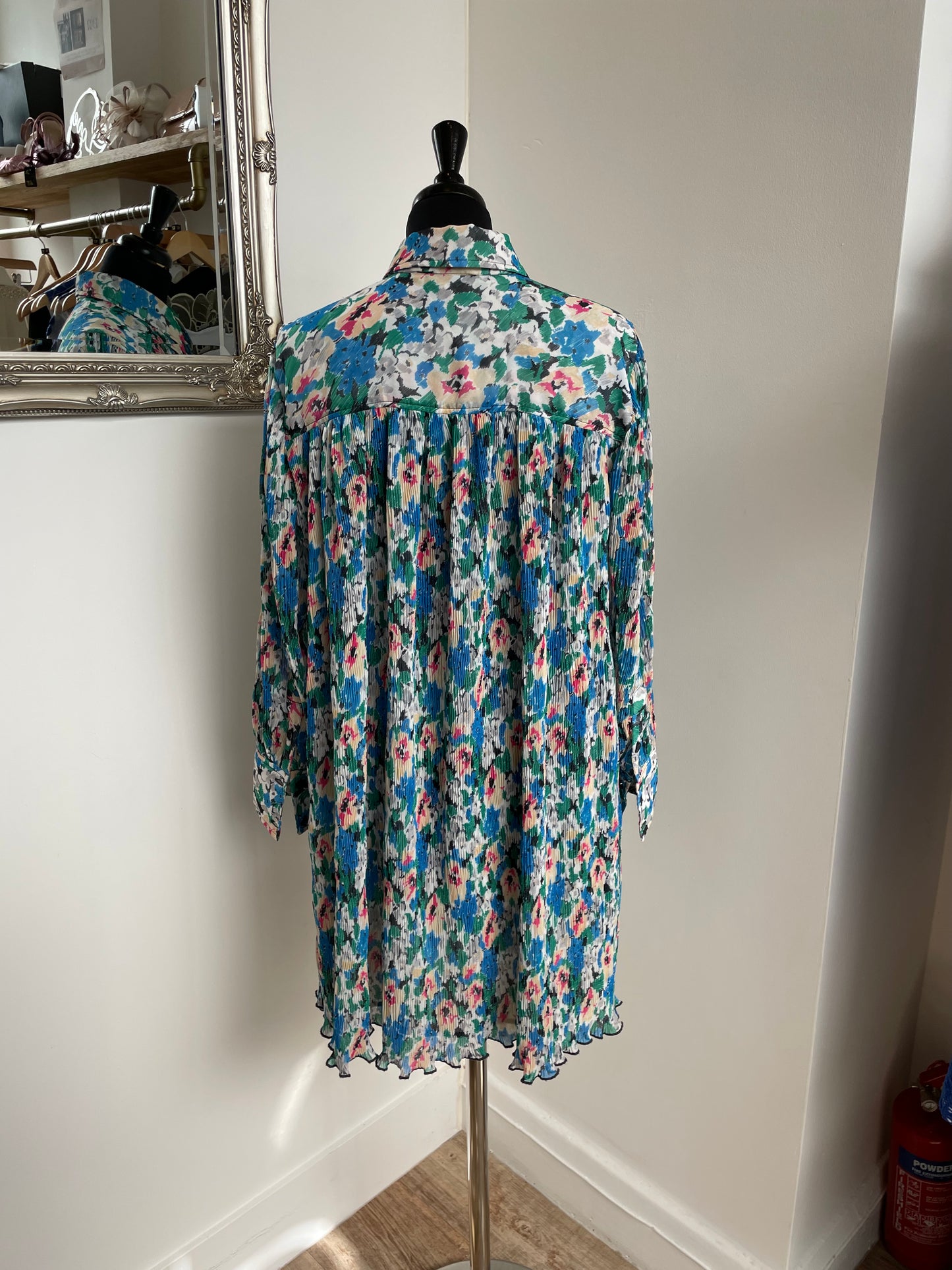 Ganni Floral Plissé-Georgette Mini Shirt Dress