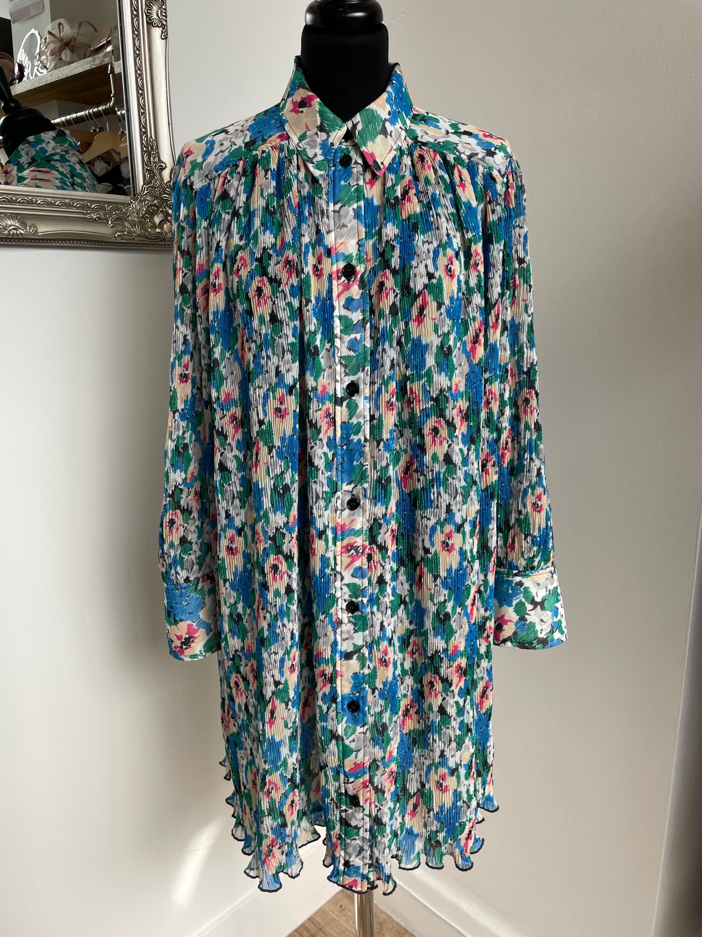 Ganni Floral Plissé-Georgette Mini Shirt Dress