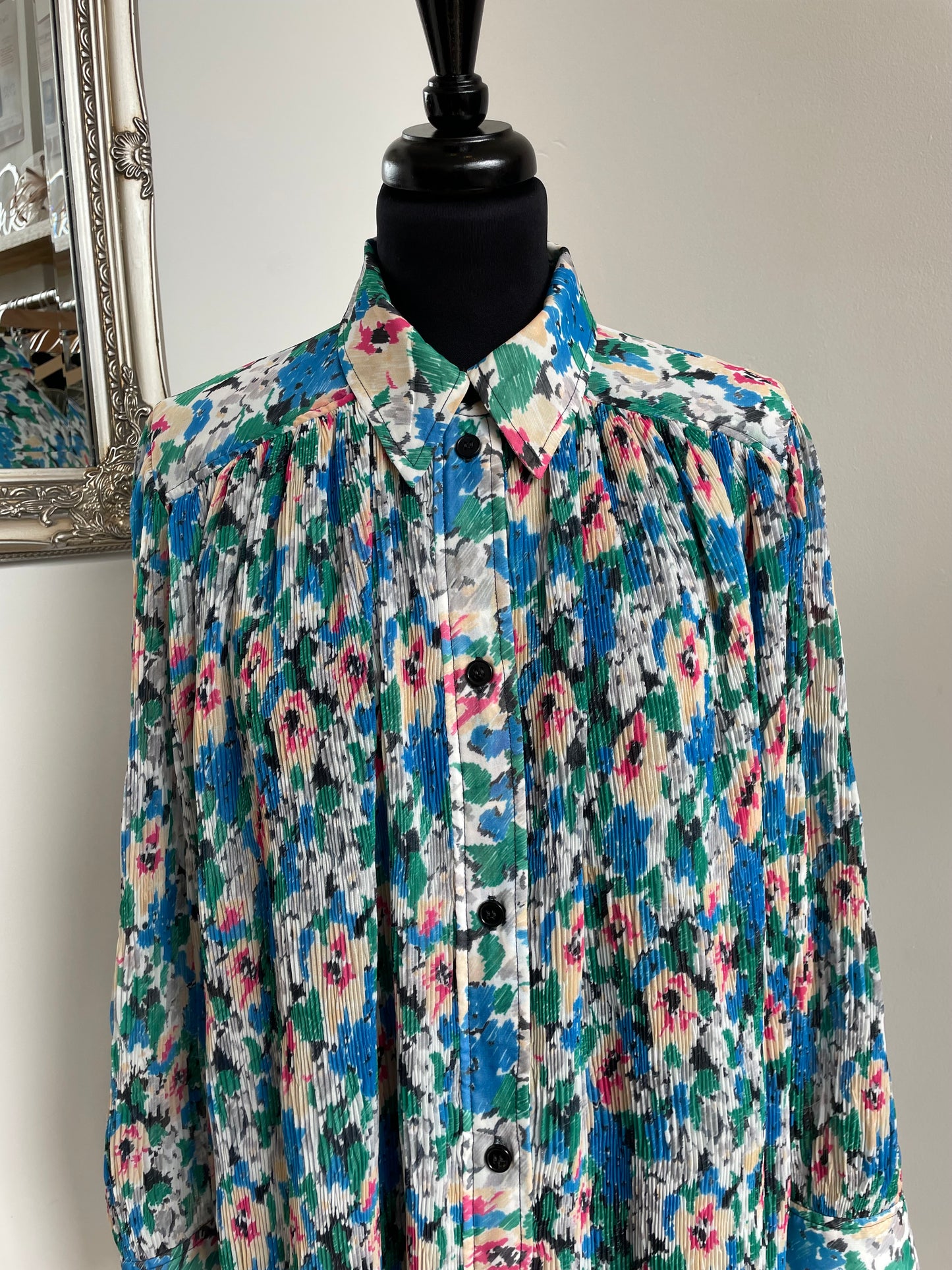 Ganni Floral Plissé-Georgette Mini Shirt Dress
