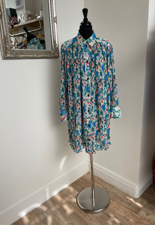 Ganni Floral Plissé-Georgette Mini Shirt Dress